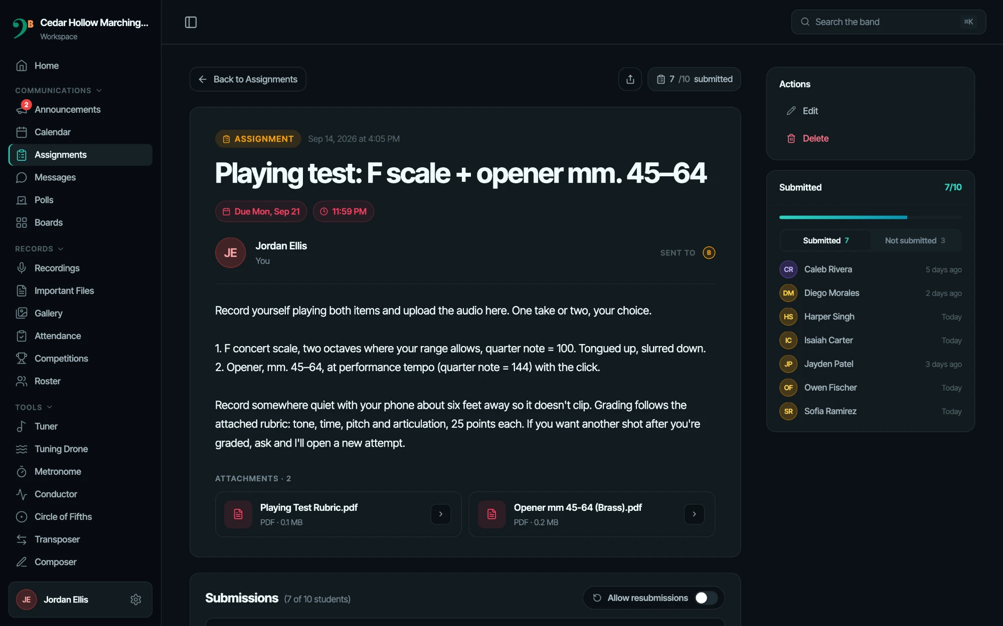 A ClefBoard playing-test assignment on a laptop: instructions, due date, rubric PDFs, and a tracker showing 7 of 10 brass students submitted.