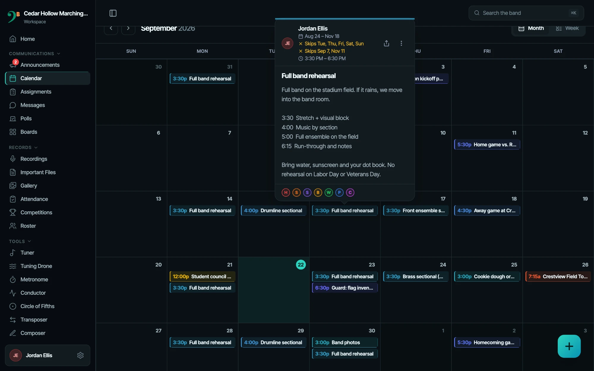 The ClefBoard calendar in month view on a laptop, with a repeating Monday and Wednesday rehearsal opened to show its schedule and description.