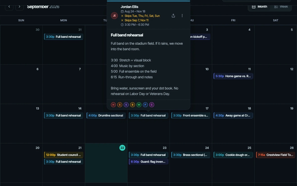The ClefBoard calendar in month view, with a repeating rehearsal opened to show its schedule.