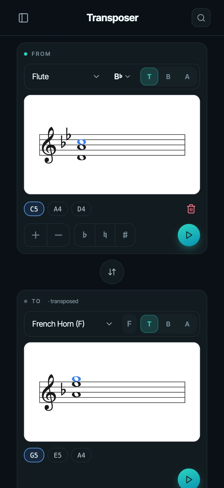 The ClefBoard transposer on an iPhone: a chord written for flute in B-flat, transposed for French horn in F.